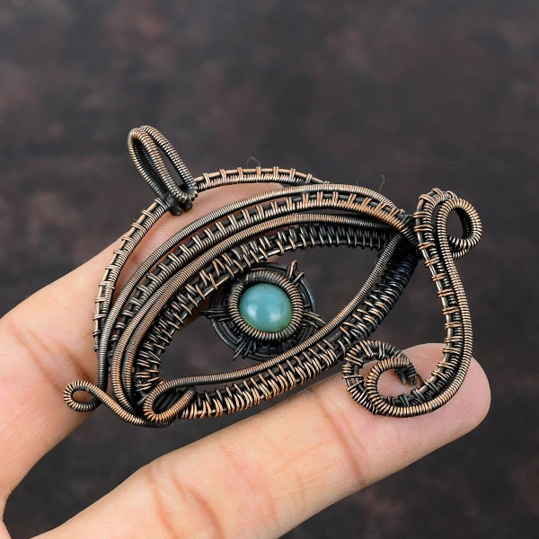 Aquamarine Round Blue Handmade Copper Wire Wrapped Pendant
