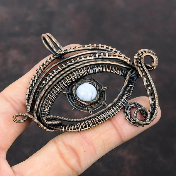 Blue Lace Agate Round Blue Handmade Copper Wire Wrapped Pendant