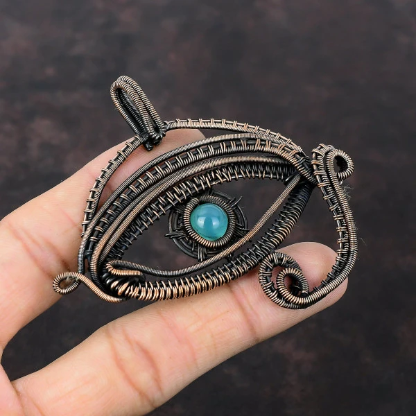 Apatite Round Blue Handmade Copper Wire Wrapped Pendant