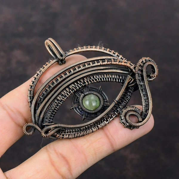 Prehnite Round Green Handmade Copper Wire Wrapped Pendant