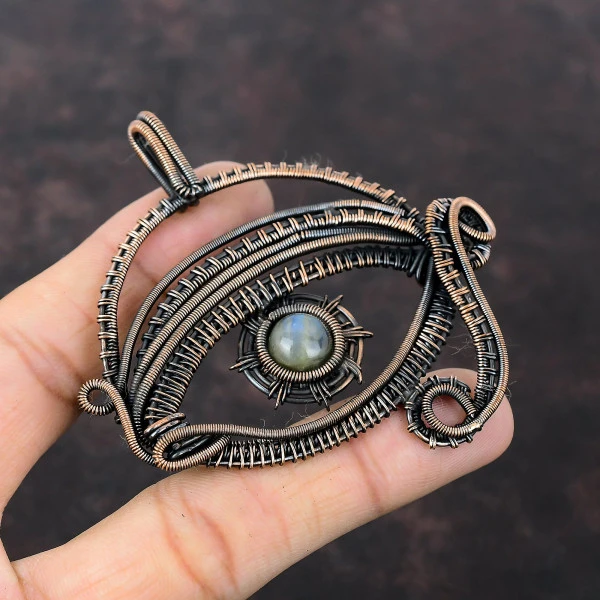 Labradorite Round Gray Handmade Copper Wire Wrapped Pendant
