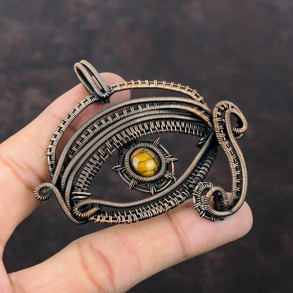 Tiger's Eye Round Brown Handmade Copper Wire Wrapped Pendant