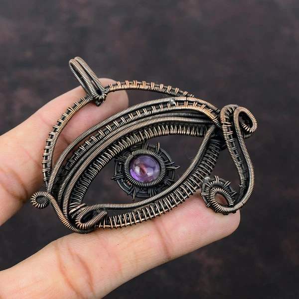African Amethyst Round Purple Handmade Copper Wire Wrapped Pendant