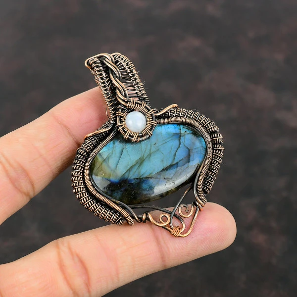 Labradorite Oval Gray Handmade Copper Wire Wrapped Pendant
