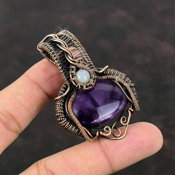 Star Amethyst Oval Purple Handmade Copper Wire Wrapped Pendant
