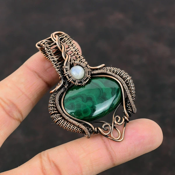 Malachite Oval Green Handmade Copper Wire Wrapped Pendant