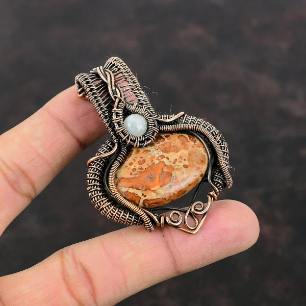 Asteroid Jasper Oval Red Handmade Copper Wire Wrapped Pendant
