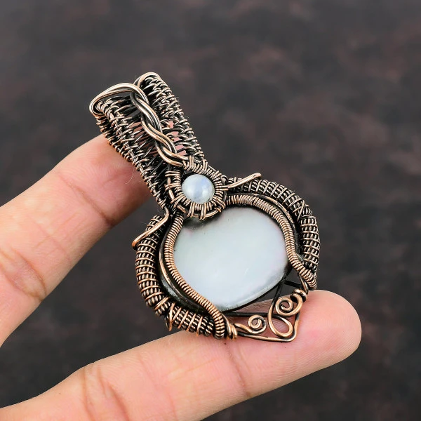 Black Mother Of Pearl Oval Black Handmade Copper Wire Wrapped Pendant
