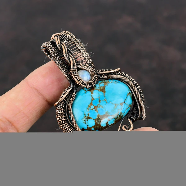 Tibetan Turquoise Oval Blue Handmade Copper Wire Wrapped Pendant