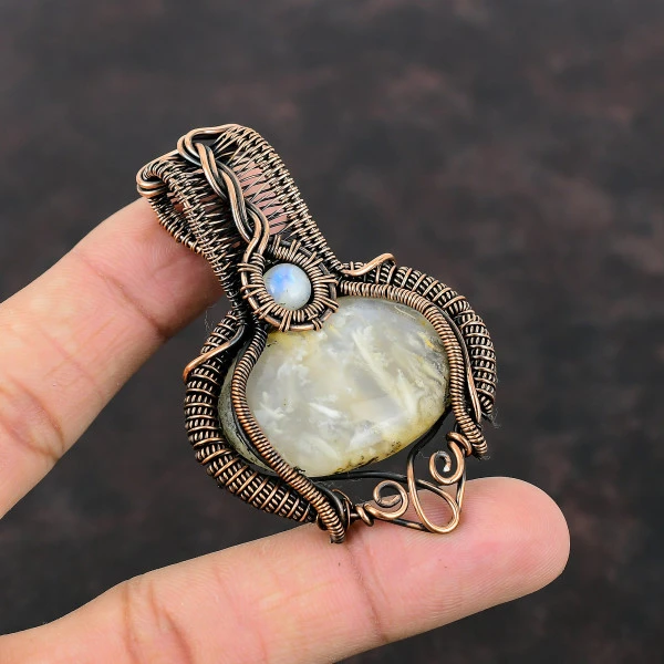 Plume Agate Oval Yellow Handmade Copper Wire Wrapped Pendant