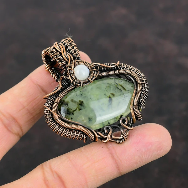 Moss Prehnite Oval Green Handmade Copper Wire Wrapped Pendant