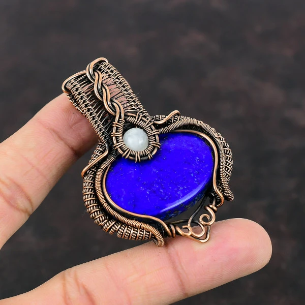Lapis Lazuli Oval Blue Handmade Copper Wire Wrapped Pendant