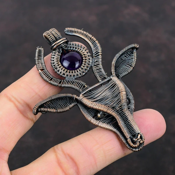 African Amethyst Round Purple Handmade Copper Wire Wrapped Pendant