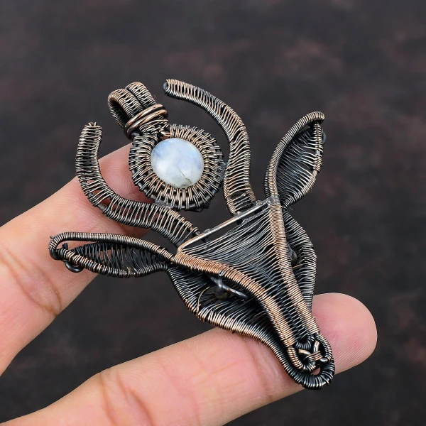 Rainbow Moonstone Round White Handmade Copper Wire Wrapped Pendant
