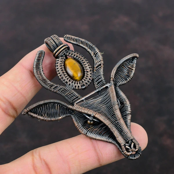 Tiger's Eye Oval Brown Handmade Copper Wire Wrapped Pendant
