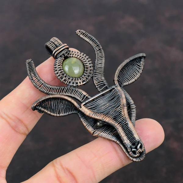Prehnite Round Green Handmade Copper Wire Wrapped Pendant