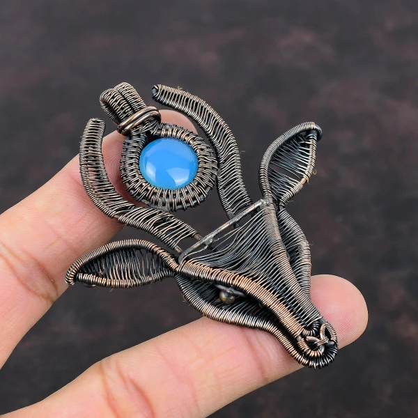 Blue Chalcedony Round Blue Handmade Copper Wire Wrapped Pendant