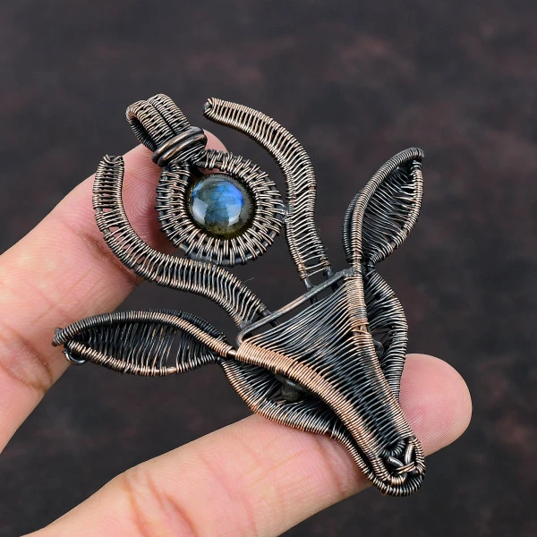 Labradorite Round Gray Handmade Copper Wire Wrapped Pendant