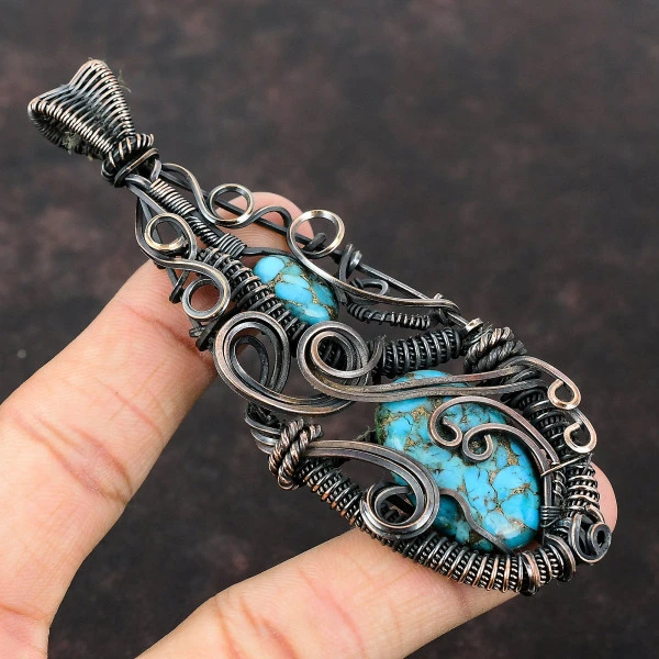 Copper Blue Turquoise Oval Blue Handmade Copper Wire Wrapped Pendant