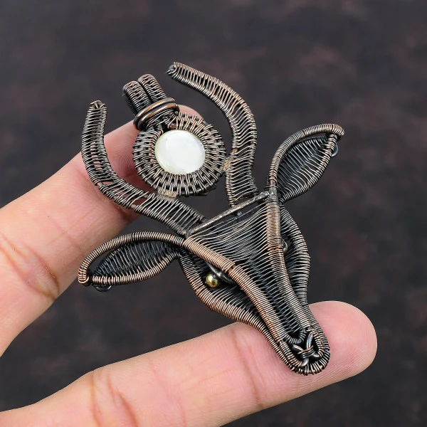 Mother Of Pearl Round White Handmade Copper Wire Wrapped Pendant