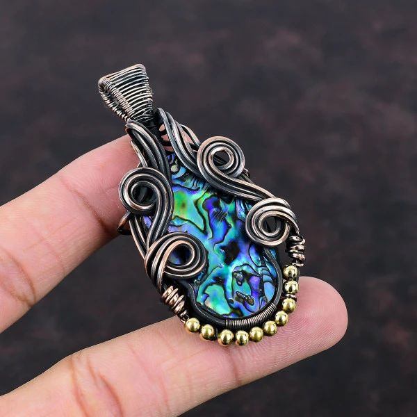 Abalone Shell Oval Blue Handmade Copper Wire Wrapped Pendant