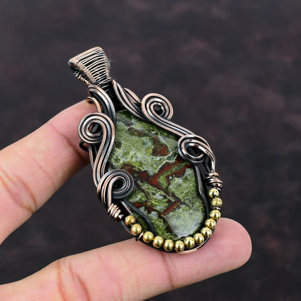 Dragon Bloodstone Oval Green Handmade Copper Wire Wrapped Pendant