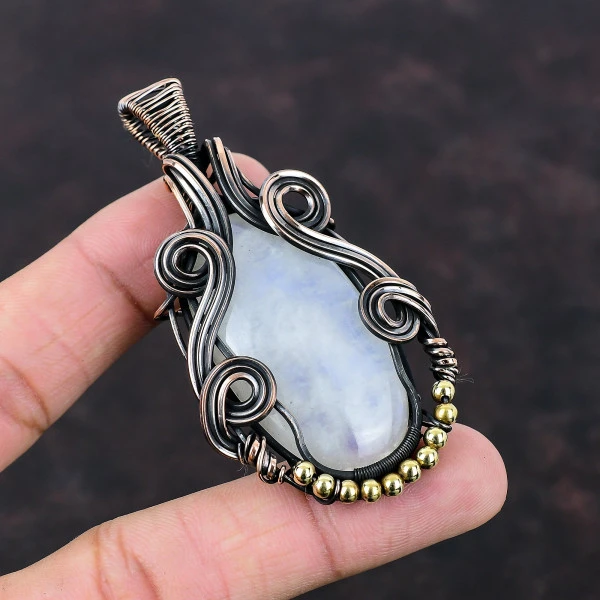 Rainbow Moonstone Oval White Handmade Copper Wire Wrapped Pendant