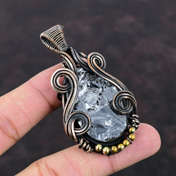 Shungite Rough Oval Gray Handmade Copper Wire Wrapped Pendant