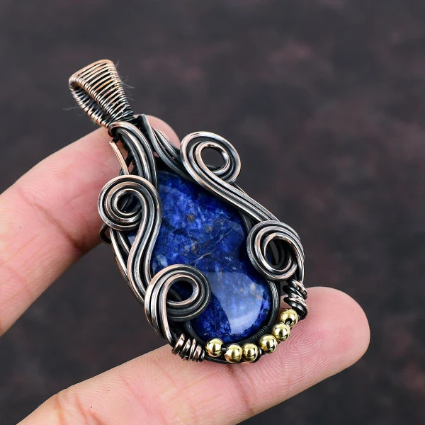 Sodalite Oval Blue Handmade Copper Wire Wrapped Pendant