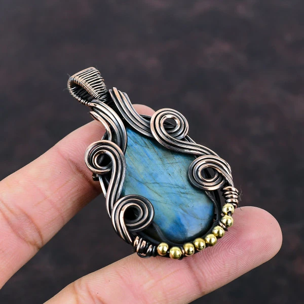 Labradorite Oval Blue Handmade Copper Wire Wrapped Pendant
