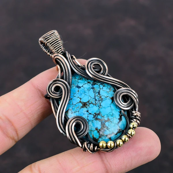 Tibetan Turquoise Oval Blue Handmade Copper Wire Wrapped Pendant