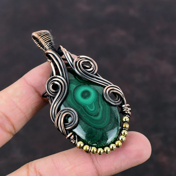 Malachite Oval Green Handmade Copper Wire Wrapped Pendant