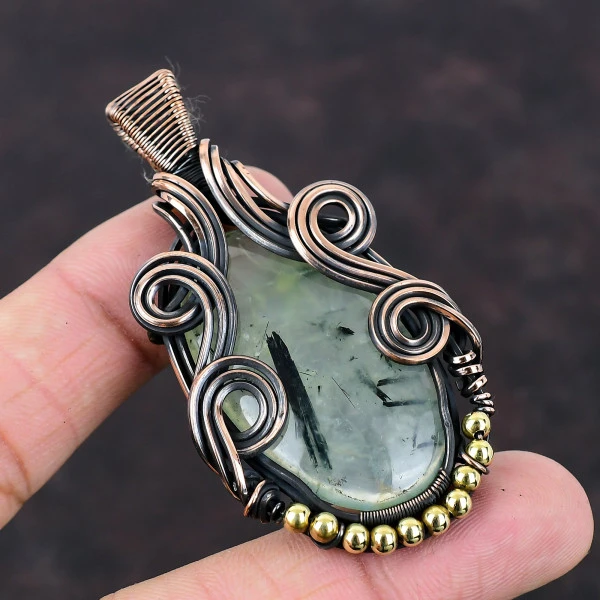 Moss Prehnite Oval Green Handmade Copper Wire Wrapped Pendant