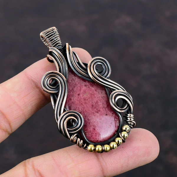 Rhodonite Oval Pink Handmade Copper Wire Wrapped Pendant