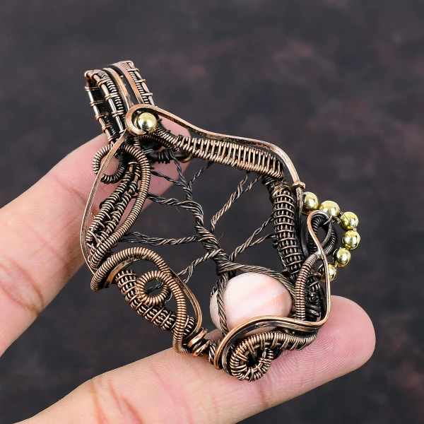 Pink Opal Oval Pink Handmade Copper Wire Wrapped Pendant