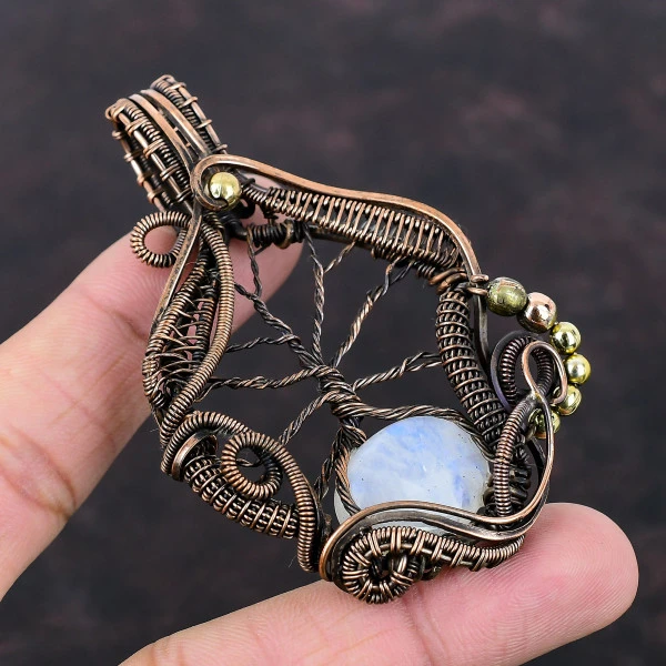 Rainbow Moonstone Oval White Handmade Copper Wire Wrapped Pendant