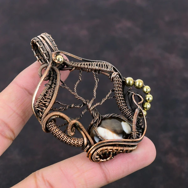 Peanut Wood Jasper Oval Brown Handmade Copper Wire Wrapped Pendant