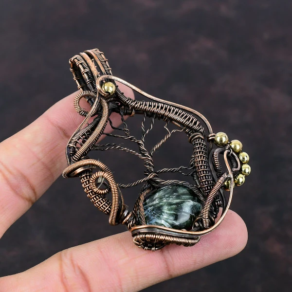 Seraphinite Oval Green Handmade Copper Wire Wrapped Pendant