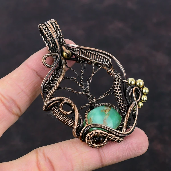 Chrysoprase Oval Green Handmade Copper Wire Wrapped Pendant