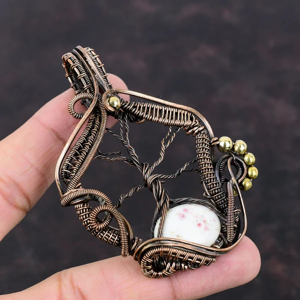 Cinnabar Oval White Handmade Copper Wire Wrapped Pendant