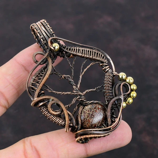 Dinosaur Bone Oval Brown Handmade Copper Wire Wrapped Pendant