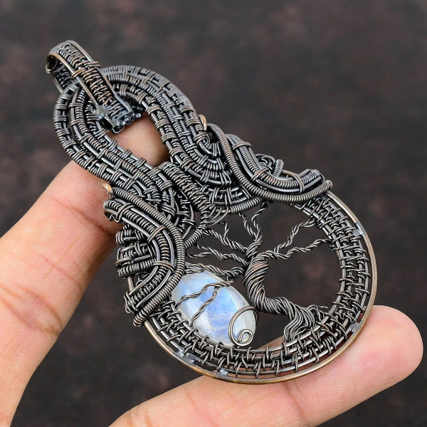 Rainbow Moonstone Pear White Handmade Copper Wire Wrapped Pendant