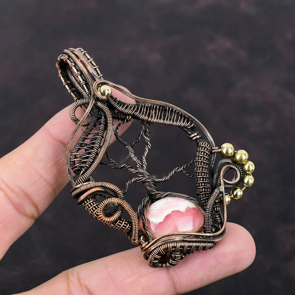 Rhodochrosite Oval Pink Handmade Copper Wire Wrapped Pendant