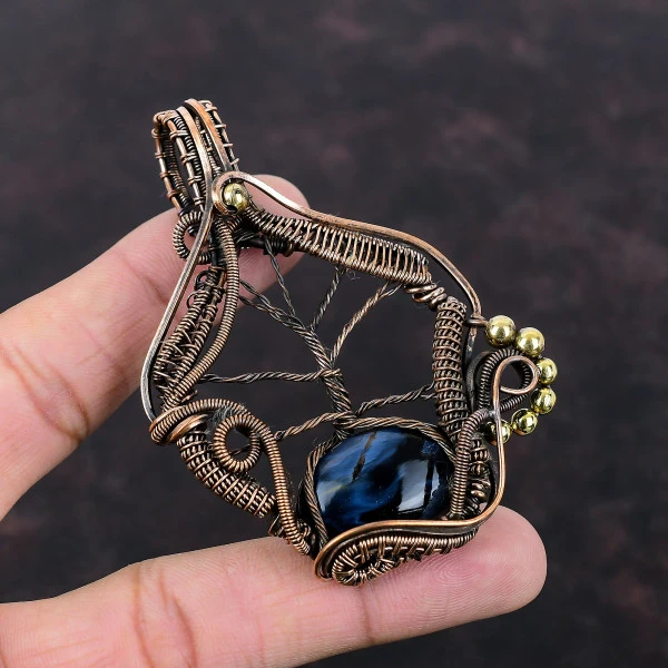 Pietersite Oval Gray Handmade Copper Wire Wrapped Pendant