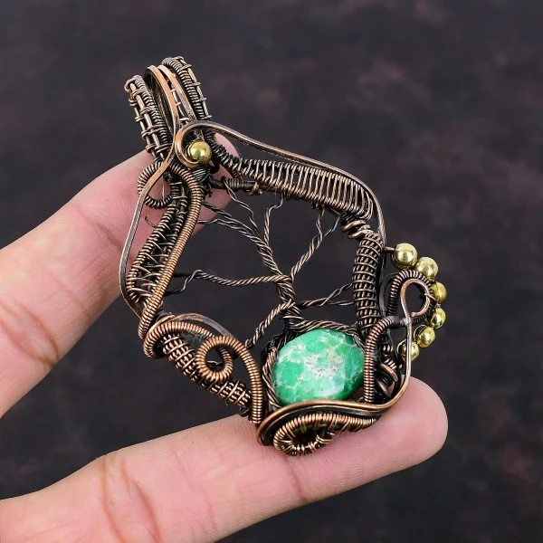 Variscite Oval Green Handmade Copper Wire Wrapped Pendant