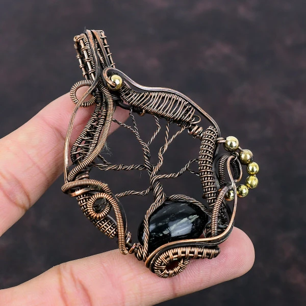 Picasso Jasper Oval Black Handmade Copper Wire Wrapped Pendant
