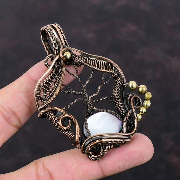 Mother Of Pearl Oval Gray Handmade Copper Wire Wrapped Pendant