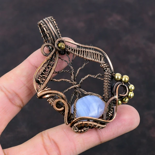 Blue Lace Agate Oval Blue Handmade Copper Wire Wrapped Pendant