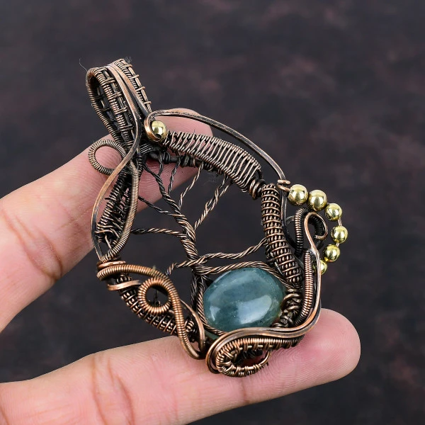 Aquamarine Oval Blue Handmade Copper Wire Wrapped Pendant