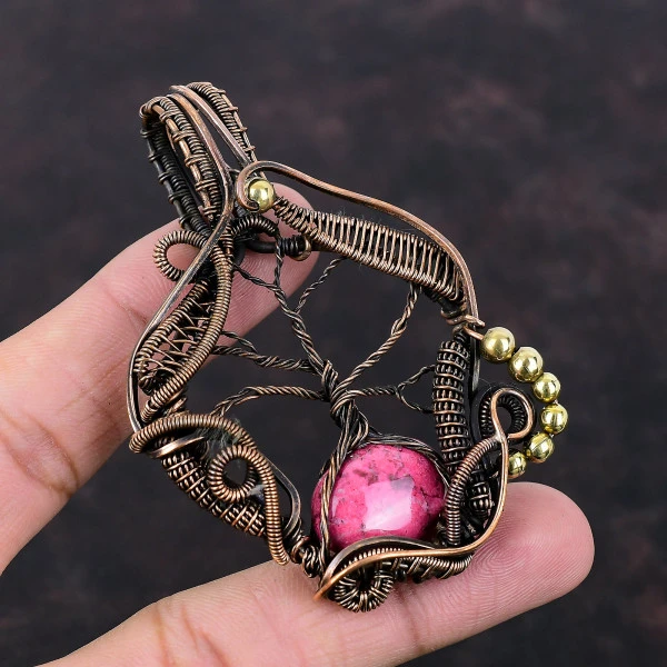 Thulite Oval Pink Handmade Copper Wire Wrapped Pendant